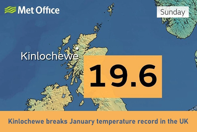 Visuals of a map and writing detailing that Kinlochewe, near Ullapool in the Highlands of Scotland has broken the record for the highest temperature set in January in the UK at 19.6c