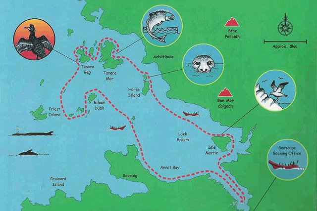 A colorful map representing a boat tour route provided by an Ullapool-based speedboat company. The map illustrates a journey around Loch Broom and the Summer Isles, marked by a dashed red line. Notable stops and sights are highlighted, including Priest Island, Tanera Mòr, and Isle Martin. Icons represent local wildlife encounters along the way, such as an eagle, a seal, dolphins, and fish, enhancing the tour's focus on nature. The Seascape Booking Office is circled near the bottom right, indicating the starting point for these aquatic adventures. The top right corner notes the scale of the map as approximately 5 kilometres, aiding in distance estimation.