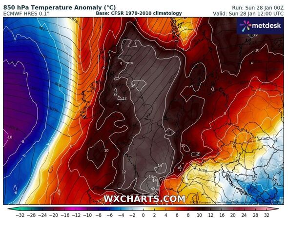 Heat map of the UK on the day of 28 January 2024. The record for the warmest temperature was set at 19.6c, breaking the previous highest record. It was recorded in Kinlochewe, 55 miles away from Ullapool in the north west Highlands of Scotland