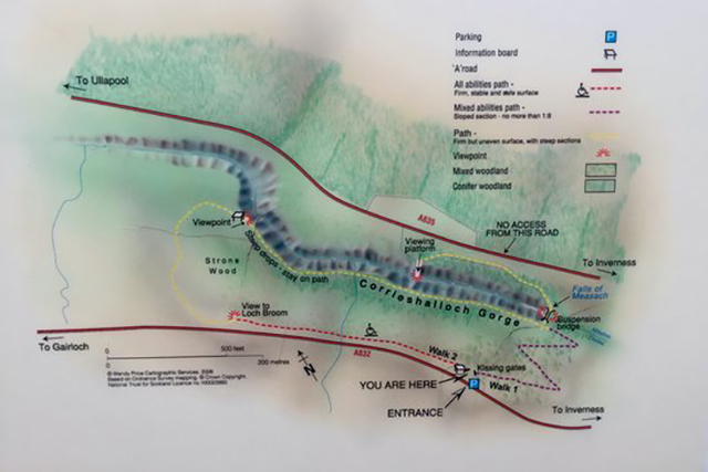 This image features a map of Corrieshalloch Gorge National Nature Reserve, indicating various trails and points of interest near Ullapool. Key highlights on the map include a suspension bridge, viewpoint, and the Falls of Measach. The map has markers for the starting point, designated walks, including their distances, and facilities such as parking, information boards, and viewing platforms. The lush greenery surrounding the gorge is represented, with the path meandering through the terrain, providing visitors with a guide to exploring the natural wonder of the gorge.