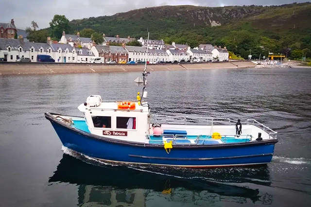 Featured image of the MV Patricia, a sturdy blue and white boat from Ullapool Charters, cruising on the calm waters of the West Coast of Scotland. In the background, the quaint town of Ullapool lines the shore, with white buildings neatly arrayed against the hillside. The boat, prominently displaying its name, is mid-journey, leaving a gentle wake behind it as it provides passengers with a scenic maritime adventure. The landscape offers a glimpse into the natural beauty and tranquil atmosphere of the Scottish Highlands, inviting viewers to imagine the rich marine wildlife and historical explorations available through Ullapool Charters.