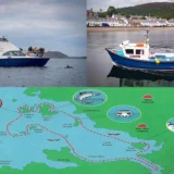 Collage image for an article about Ullapool boat tours, featuring three distinct segments. The top left shows a crowd aboard Shearwater Cruises' boat watching a dolphin leap nearby, capturing the excitement of wildlife spotting. Next to it, the MV Patricia from Ullapool Charters sails past the picturesque shoreline of Ullapool, emphasising tranquil maritime adventures. Below, a colourful map from Seascape Expeditions illustrates a boat tour route around Loch Broom and the Summer Isles, detailed with wildlife icons and notable stops. This composite image highlights the variety of boat trip experiences available from Ullapool, each offering a unique way to explore Scotland’s coastal beauty and wildlife.